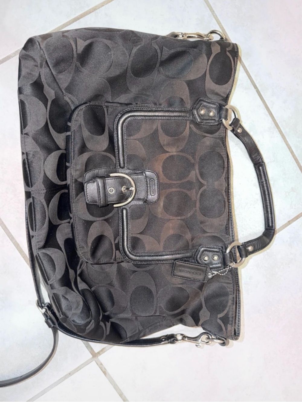 Coach Black Signature Shoulder Bag with Buckle Pocket